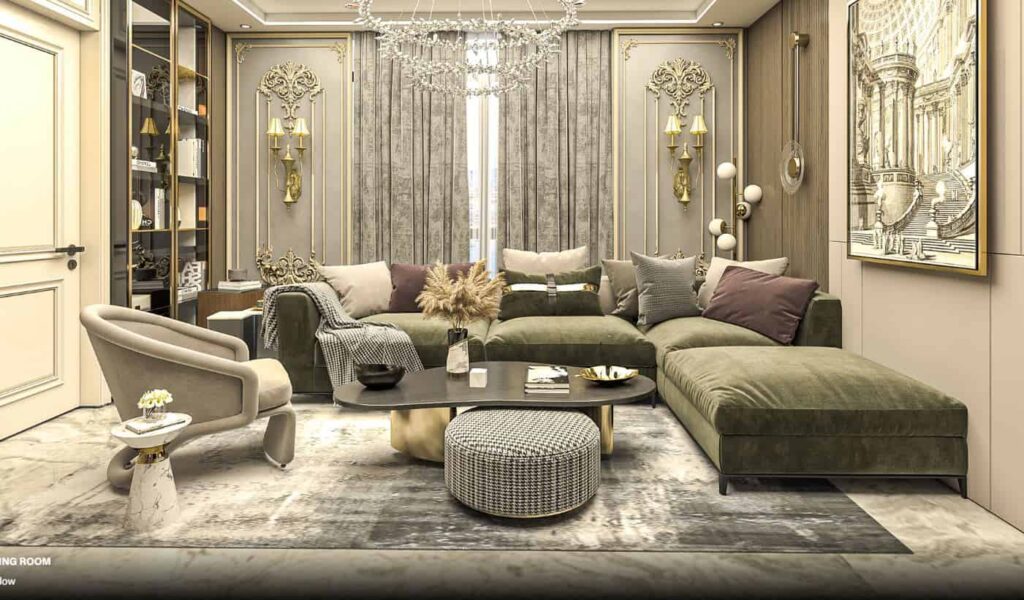 Living room interior design in BD with a spacious sectional couch and stylish coffee table