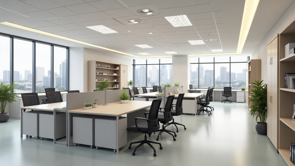 Efficient corporate office with ergonomic furniture, organized workstations, and collaborative spaces.