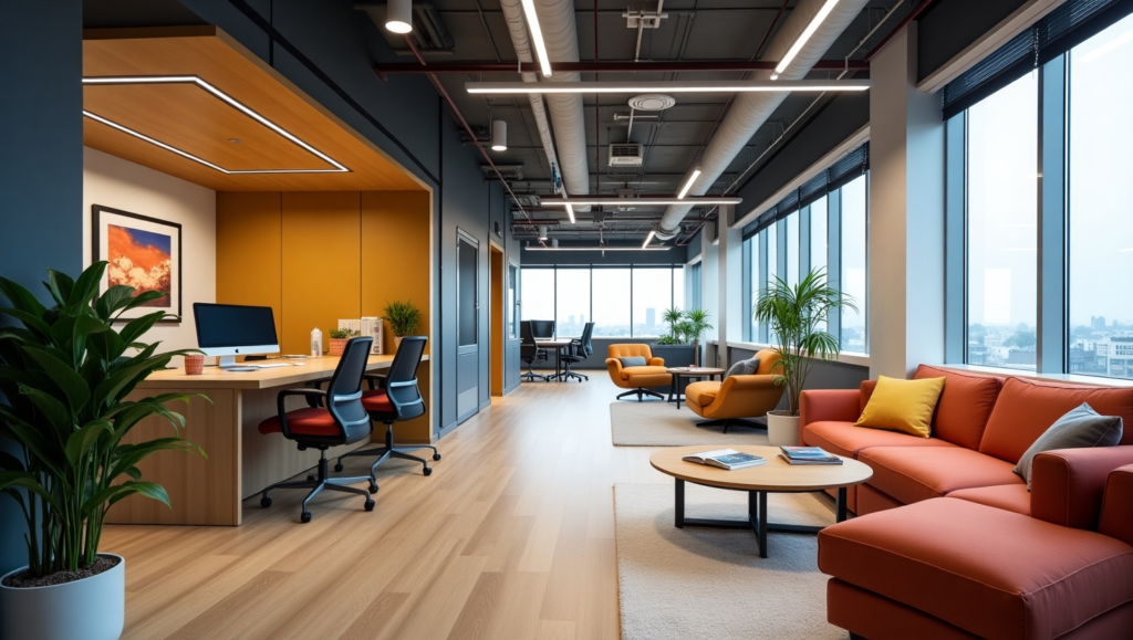 Modern corporate office with sleek furniture, vibrant decor, and an open, inspiring layout.